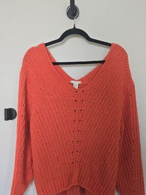 H&M Orange Open-Knit V-Neck Sweater